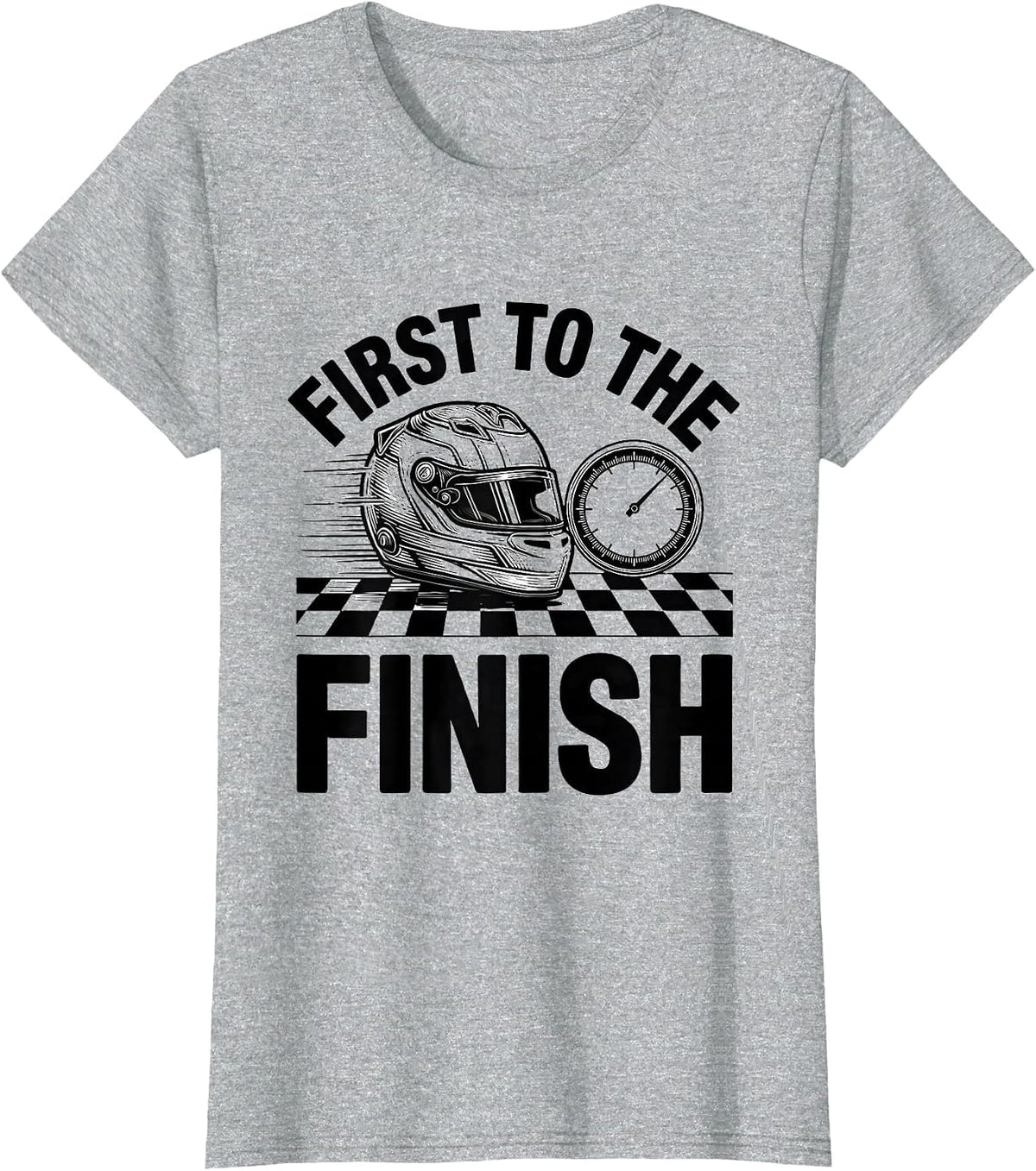 First To The Finish Racing Fan Checkered Flag Motorsport T-Shirt - Heather Grey