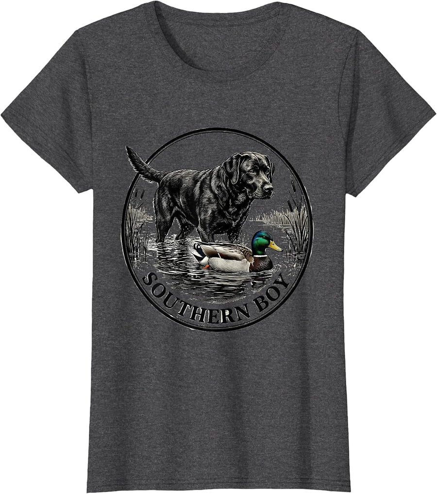Women's Southern Boy Vintage Labrador Duck Hunting Marsh Scene T-Shirt - Dark Heather Grey