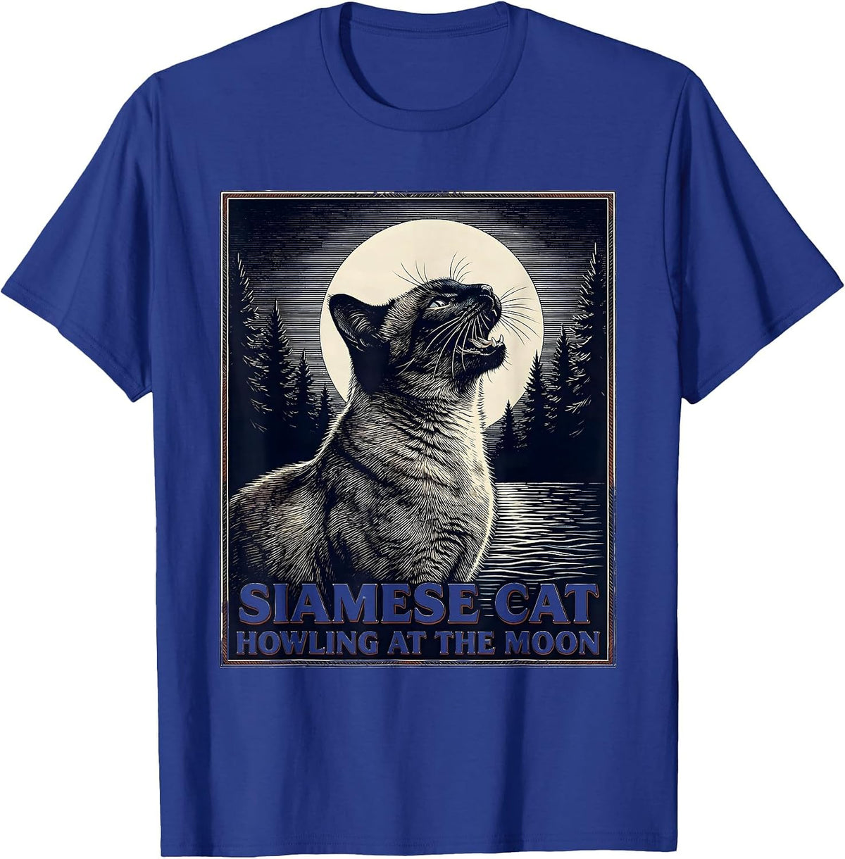 Men's Siamese Cat Howling at the Moon 90's Retro Nature Art T-Shirt - Royal Blue