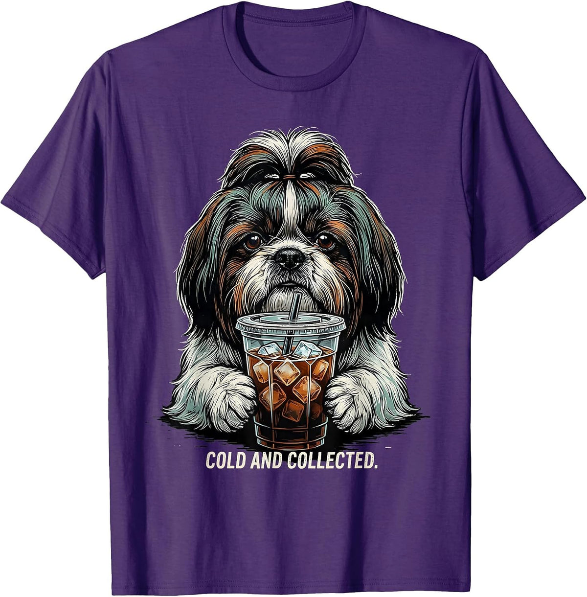 Men's Cold And Collected Linocut Shih Tzu Drinking Iced Coffee T-Shirt - Purple