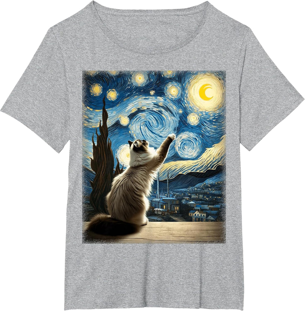Van Gogh Starry Night Moon Artistic Pet Lover Ragdoll Cat T-Shirt - Heather Grey