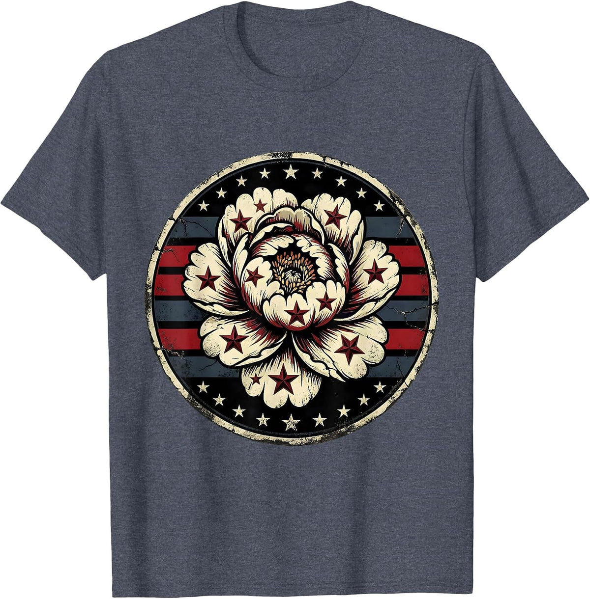 Patriotic Peony Flower with Stars Illustration T-Shirt - Heather Blue