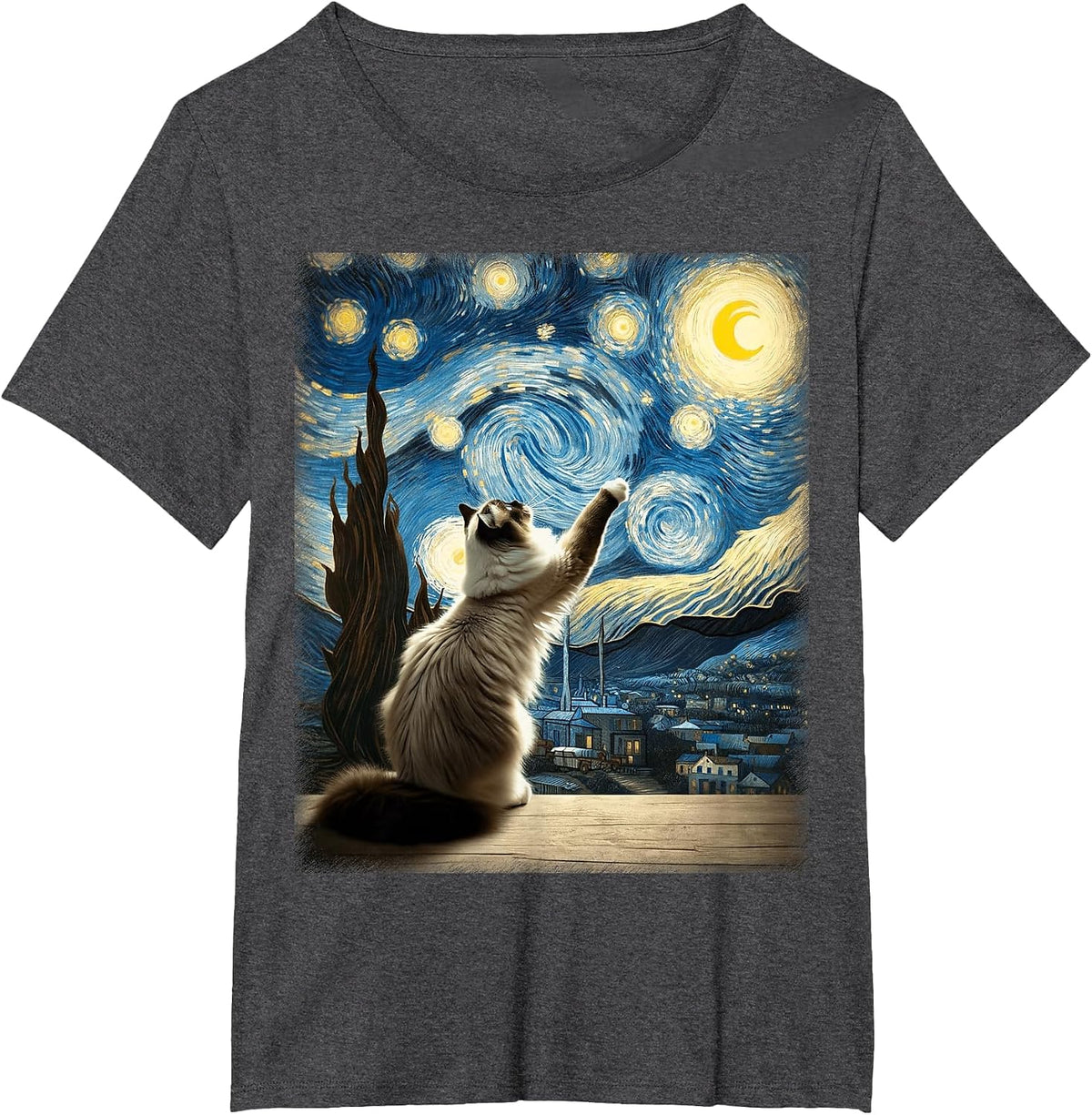 Van Gogh Starry Night Moon Artistic Pet Lover Ragdoll Cat T-Shirt - Dark Heather Grey