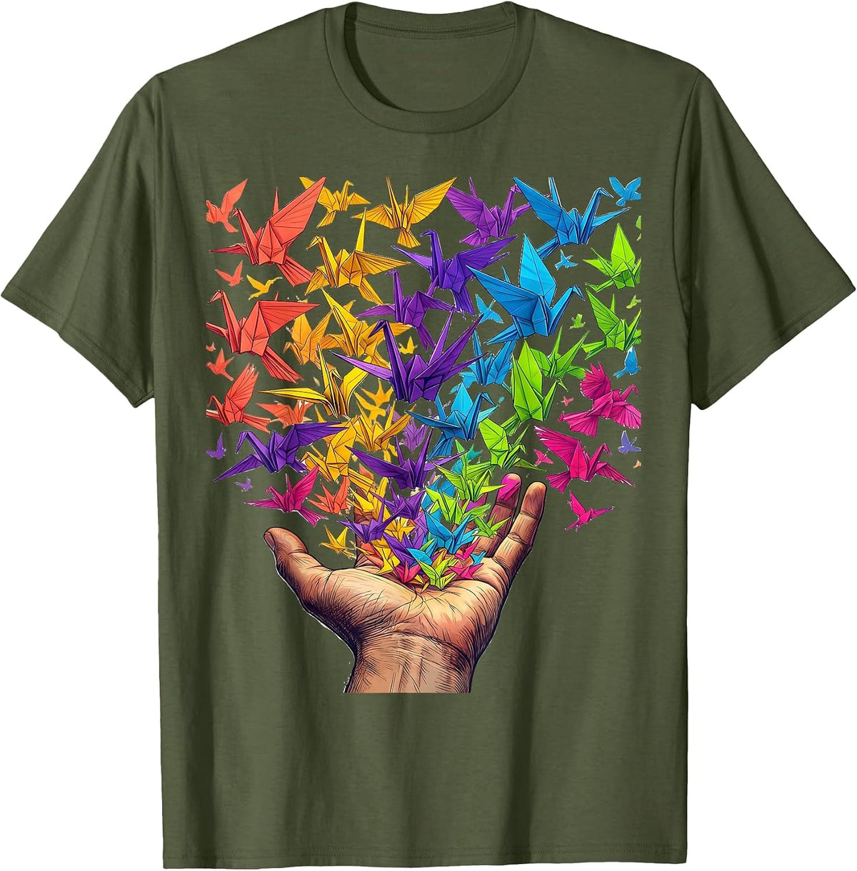 Men's Neurodiversity Hand Releasing Paper Birds Design T-Shirt - Olive Green