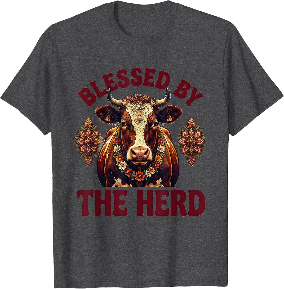 Blessed by the Herd Cow Lover Design T-Shirt - Dark Heather Grey