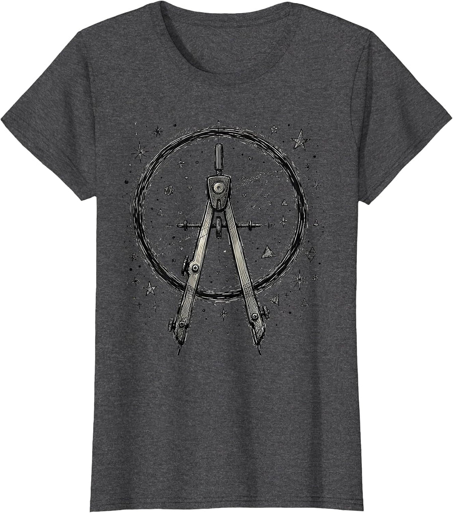 Women's Math Teacher Compass Starry Sky Graphic T-Shirt - Dark Heather Grey