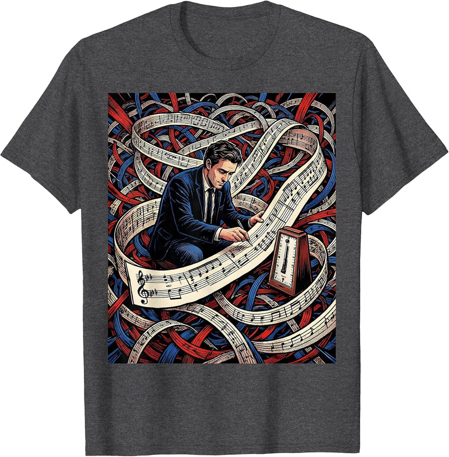 Men's Comic Musician Tangled Music Score Gift T-Shirt - Dark Heather Grey