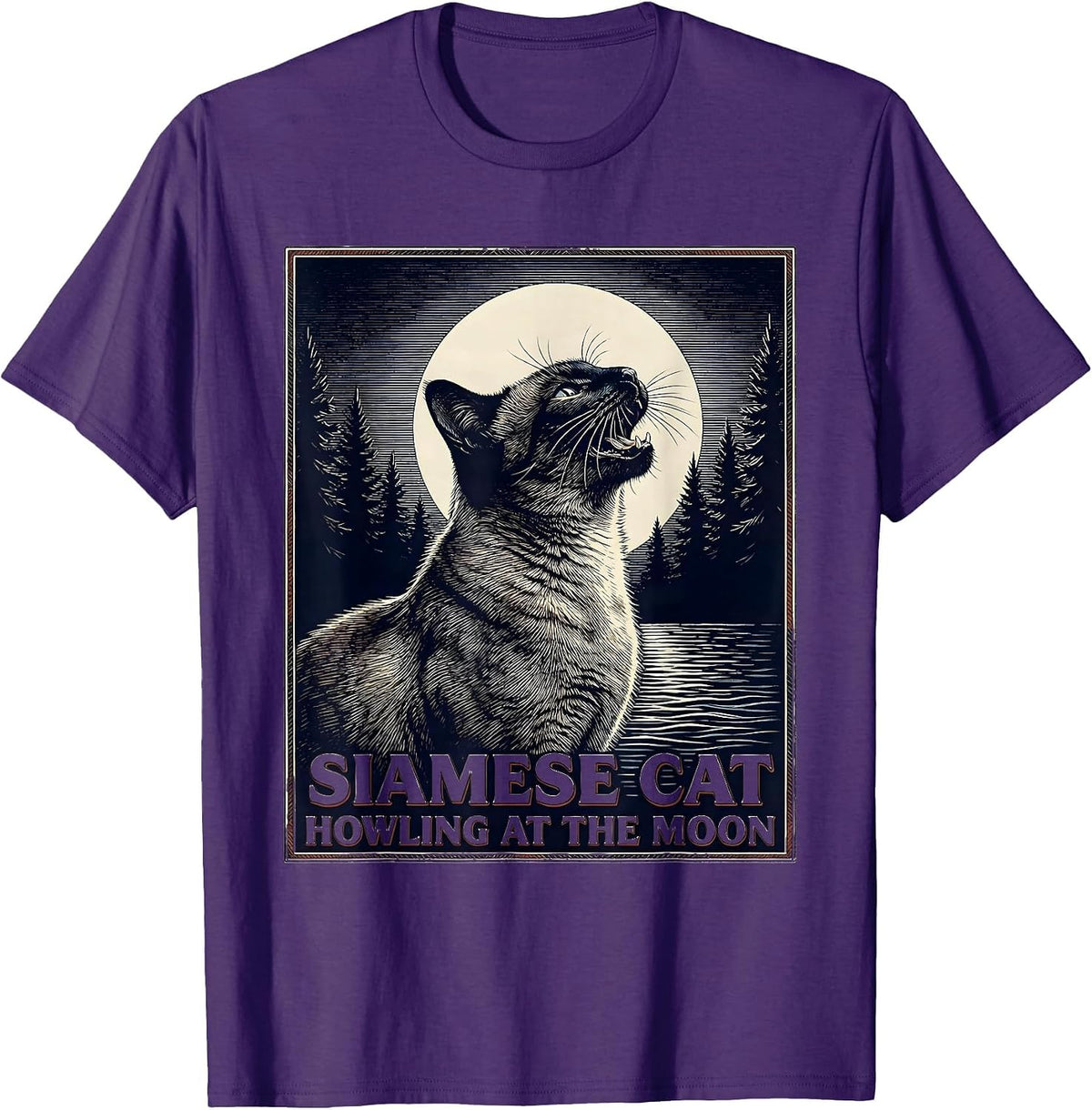 Men's Siamese Cat Howling at the Moon 90's Retro Nature Art T-Shirt - Purple