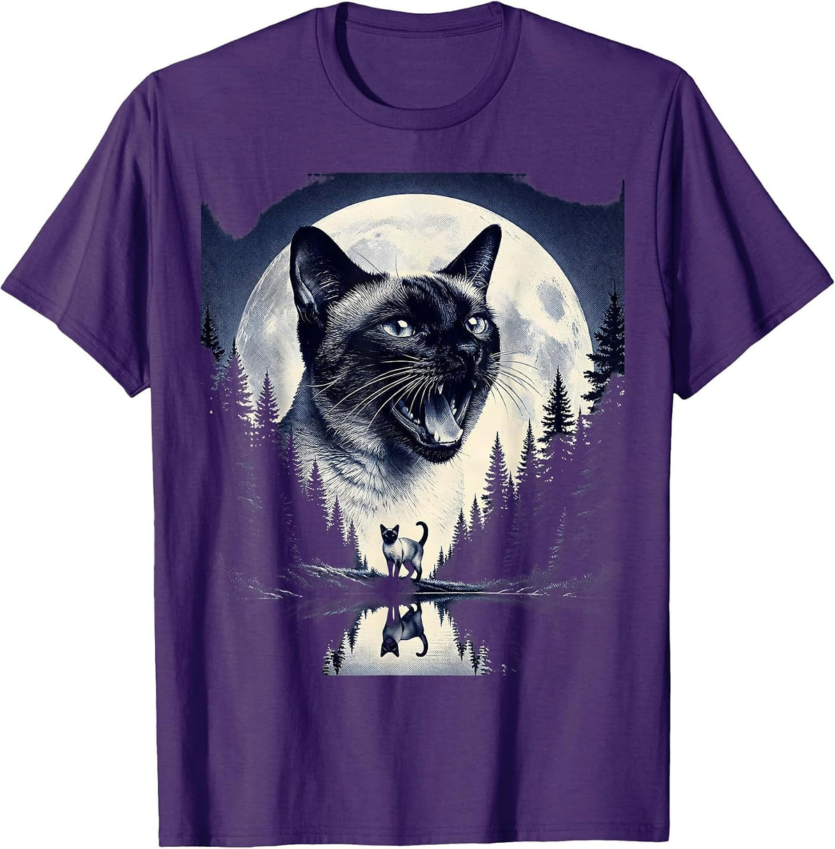 Men's Siamese Cat Howling at Moon 90's Retro Nature Art T-Shirt - Purple
