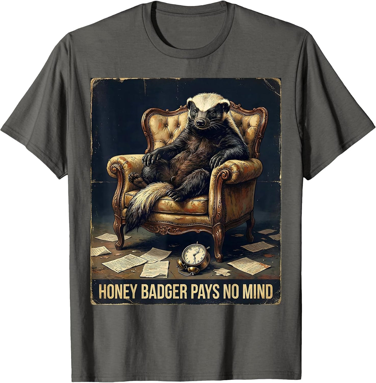Men's Honey Badger Pays No Mind Vintage Fearless Attitude Humor T-Shirt - Asphalt Grey