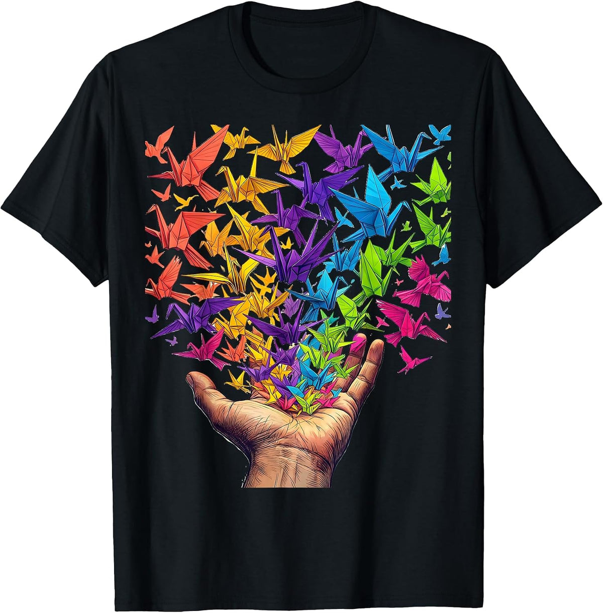 Men's Neurodiversity Hand Releasing Paper Birds Design T-Shirt - Black