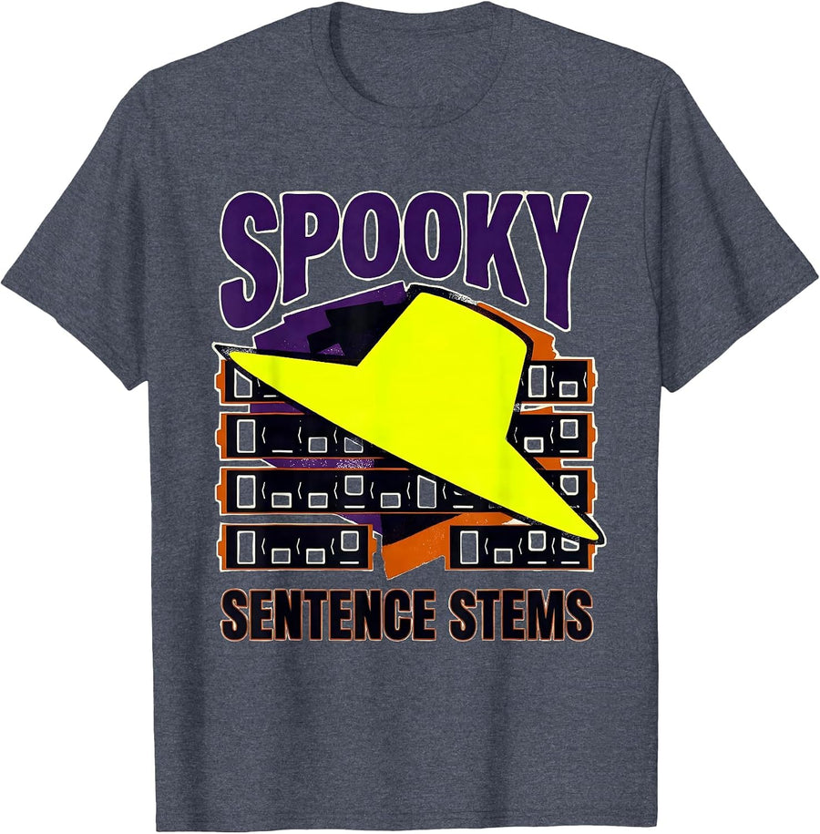Spooky Sentence Stems Stencil Graphic Teacher Halloween T-Shirt - Heather Blue