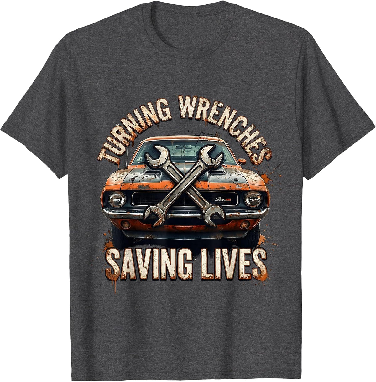 Turning Wrenches Saving Lives Mechanic Design T-Shirt - Dark Heather Grey