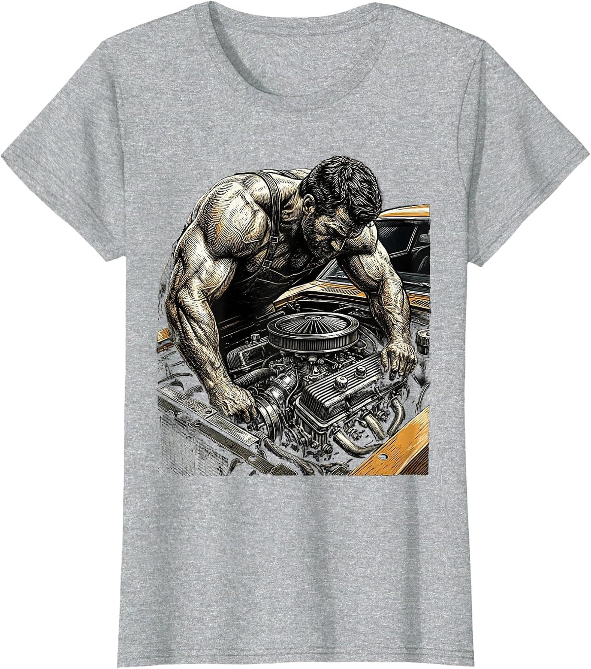Classic Car Mechanic Vintage Auto Illustration T-Shirt - Heather Grey