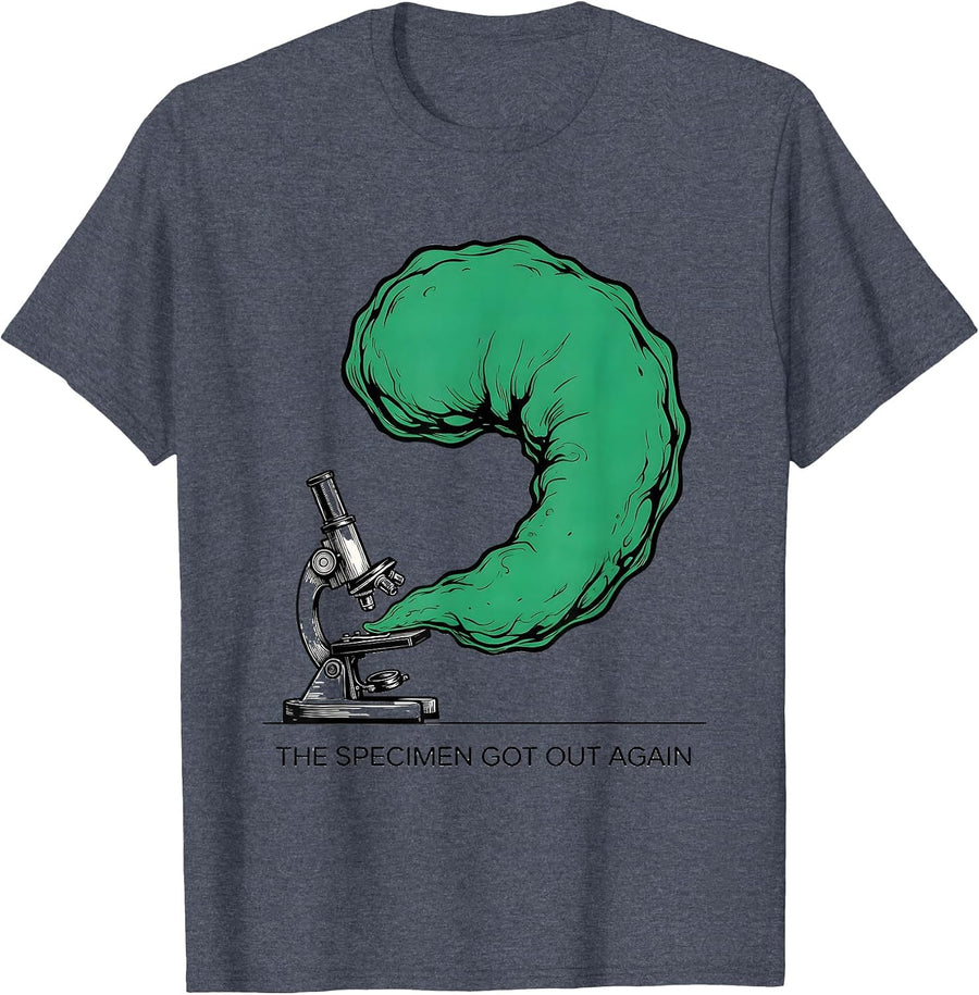 The Specimen Got Out Again Funny Mad Scientist Science T-Shirt - Heather Blue