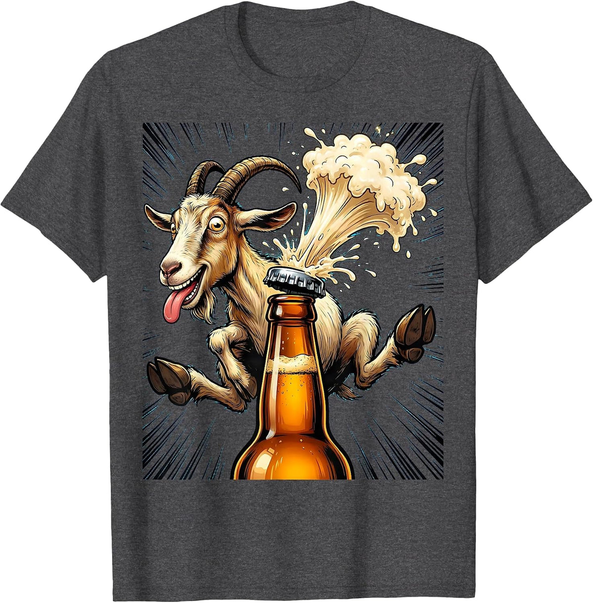 Goat Headbutts Beer Bottle Funny Drinking T-Shirt - Dark Heather Grey