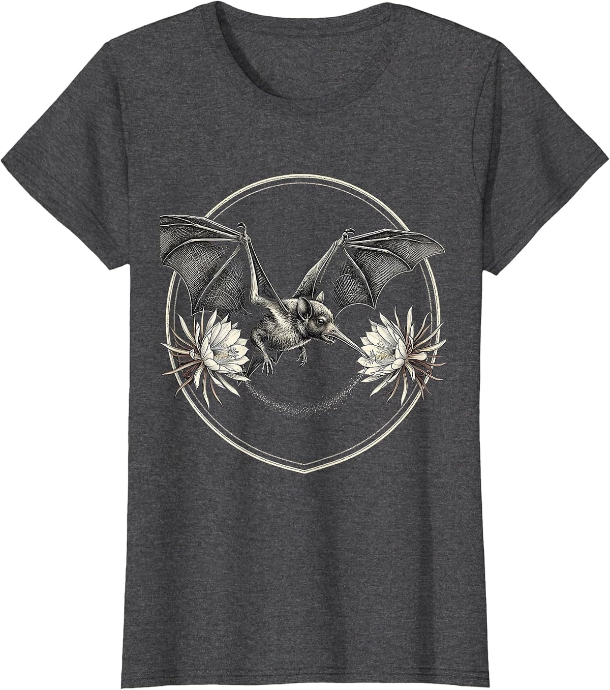 Women's Circular Shield Nectar Bat Nature Gothic Halloween T-Shirt - Dark Heather Grey