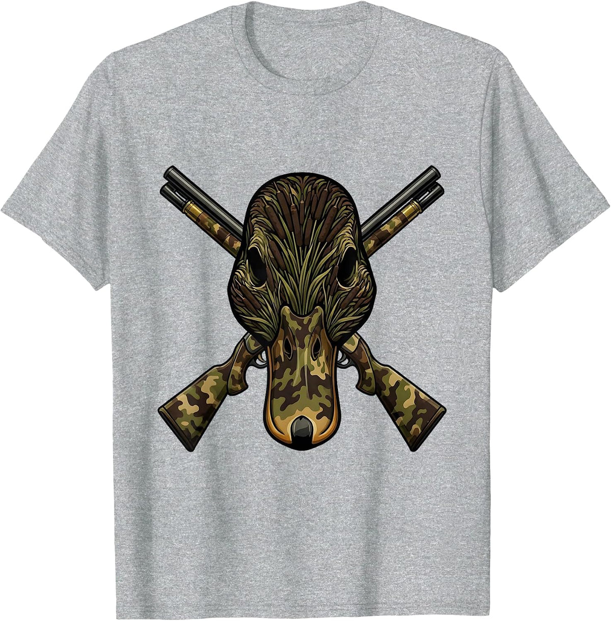 Men's Duck Camo Skull Crossed Shotgun Shells Design T-Shirt - Heather Grey