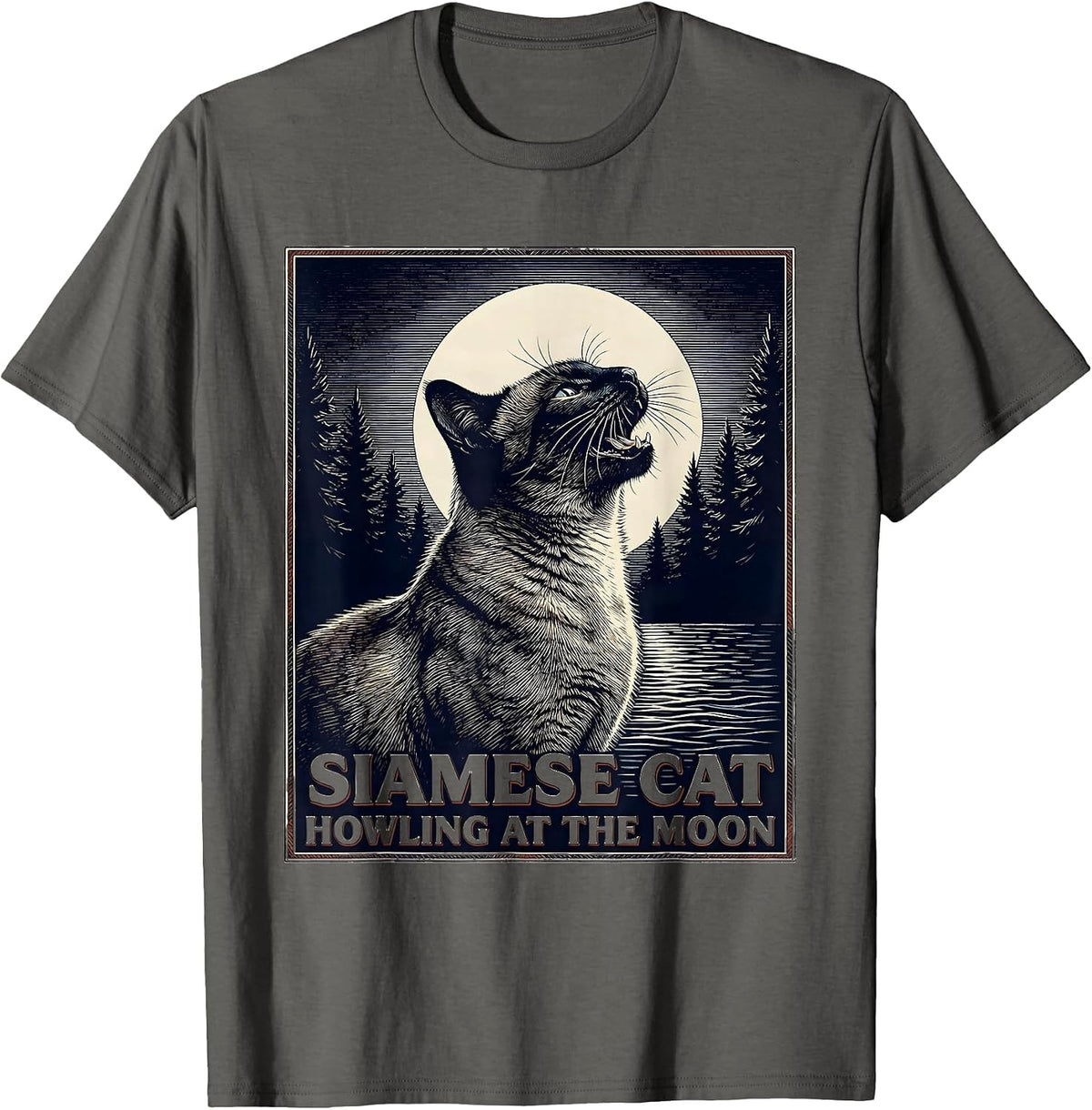 Men's Siamese Cat Howling at the Moon 90's Retro Nature Art T-Shirt - Asphalt Grey