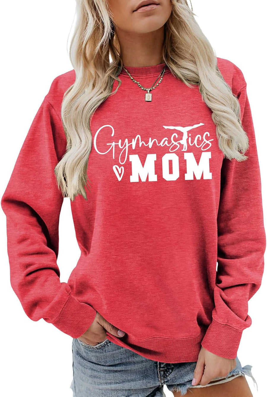 Gymnastics Mom Sweatshirt Women's Long Sleeve Crewneck Graphic Sports Mom Shirt Casual Loose Pullover Tops - Red