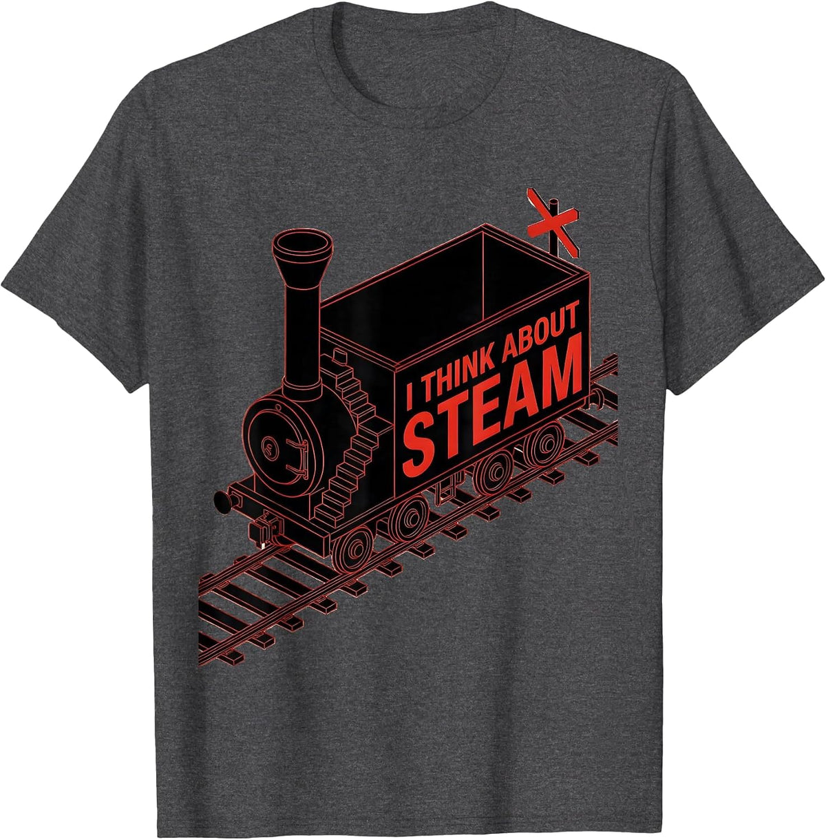 Men's I Think About Steam Geometric Vintage Steam Locomotive Train T-Shirt - Dark Heather Grey