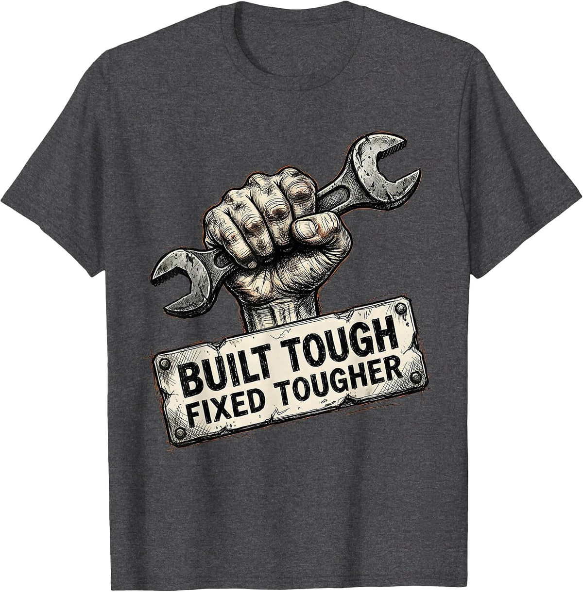 Men's Built Tough Fixed Tougher Mechanic Design T-Shirt - Dark Heather Grey