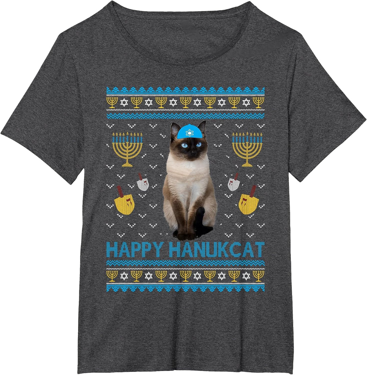 Cute Happy Hanukcat Jewish Siamese Cat Ugly Hanukkah Sweater T-Shirt - Dark Heather Grey