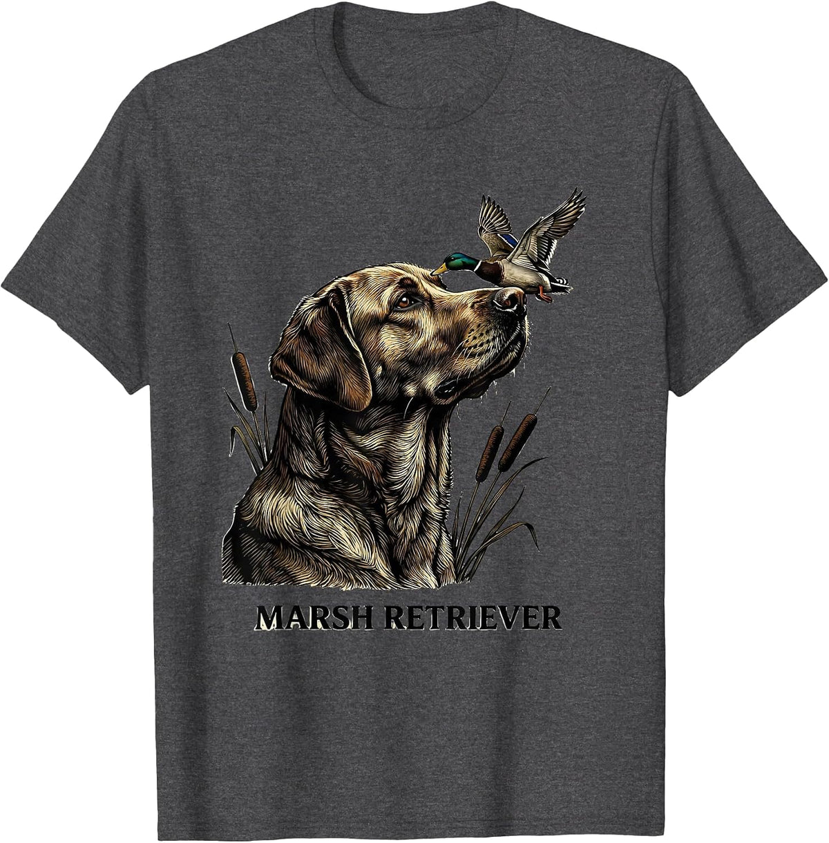 Men's Marsh Retriever Woodcut Engraving Labrador Duck Hunting T-Shirt - Dark Heather Grey