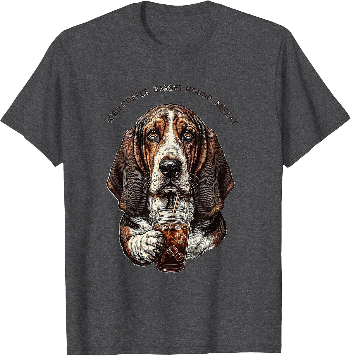Men's Iced Coffee Basset Hound Repeat Funny Dog Lover Humor T-Shirt - Dark Heather Grey