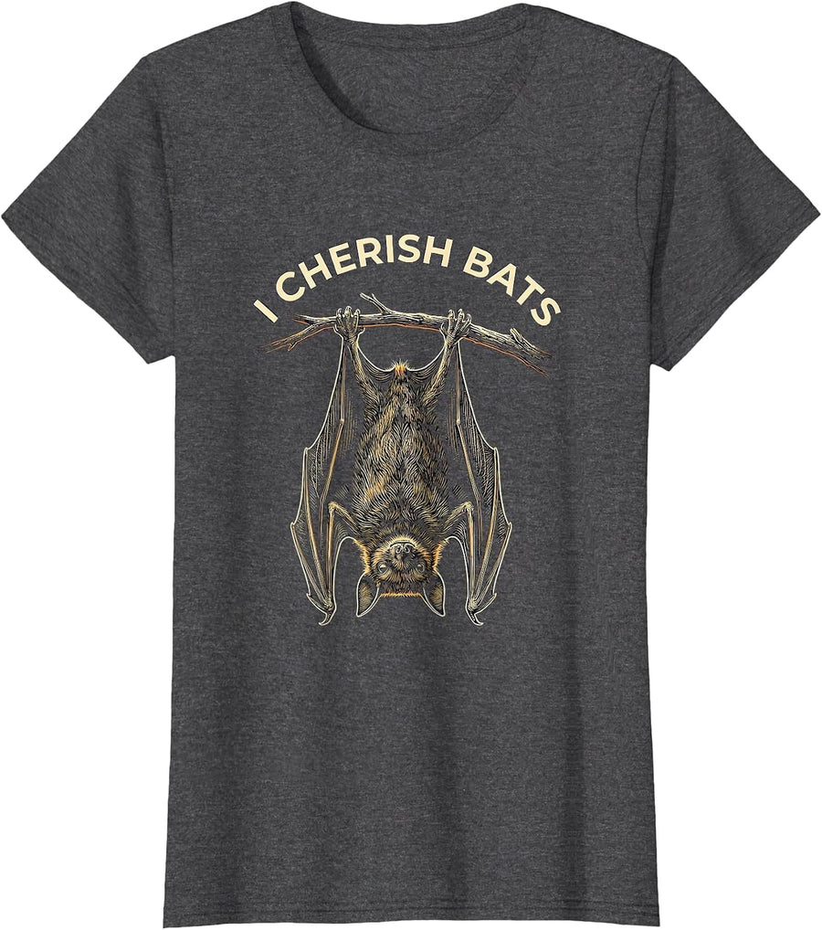 Women's I Cherish Bats Whimsical Bat Lover Halloween Wildlife T-Shirt - Dark Heather Grey