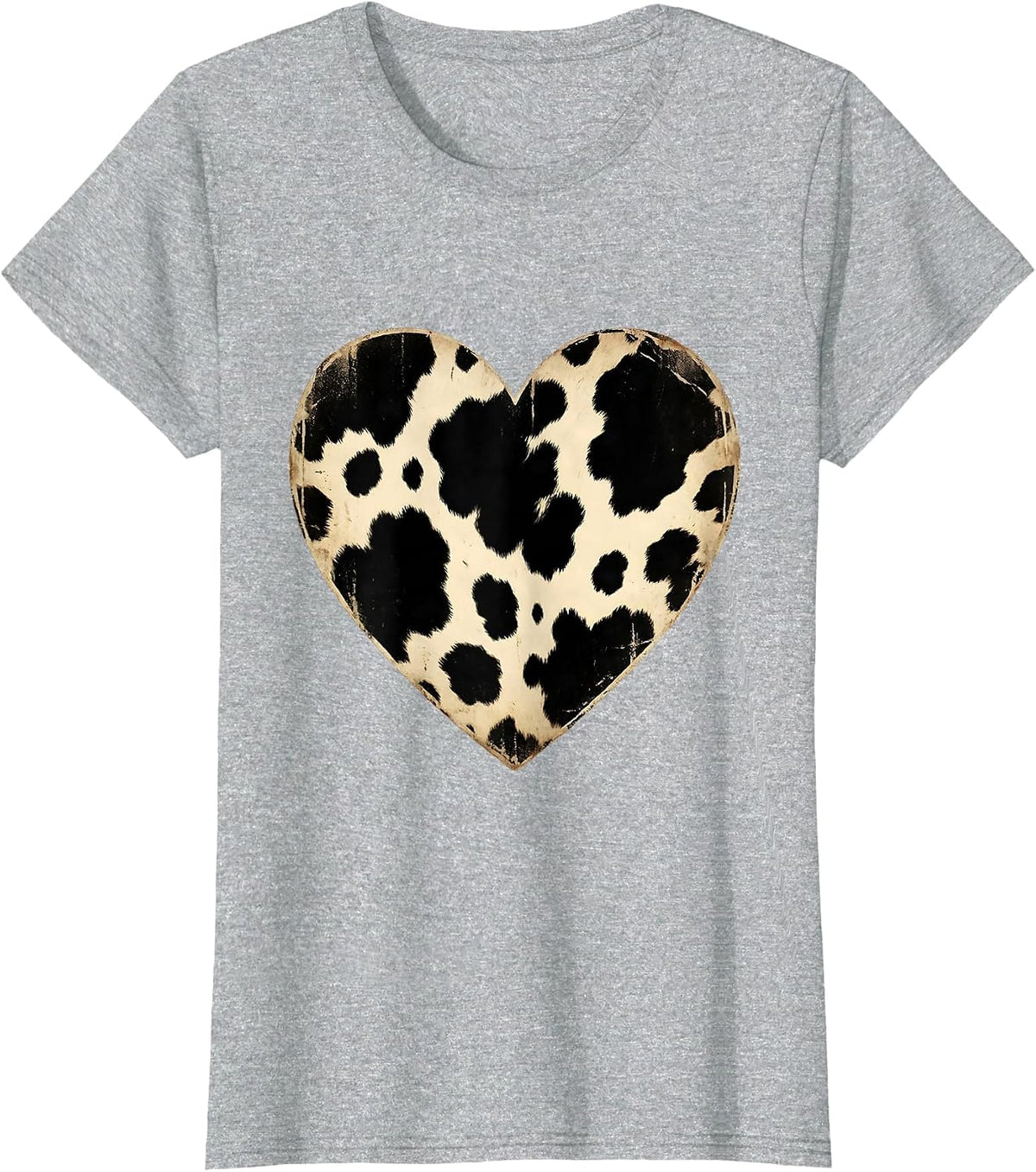 Cow Print Heart Bold Black Patches Graphic T-Shirt - Heather Grey