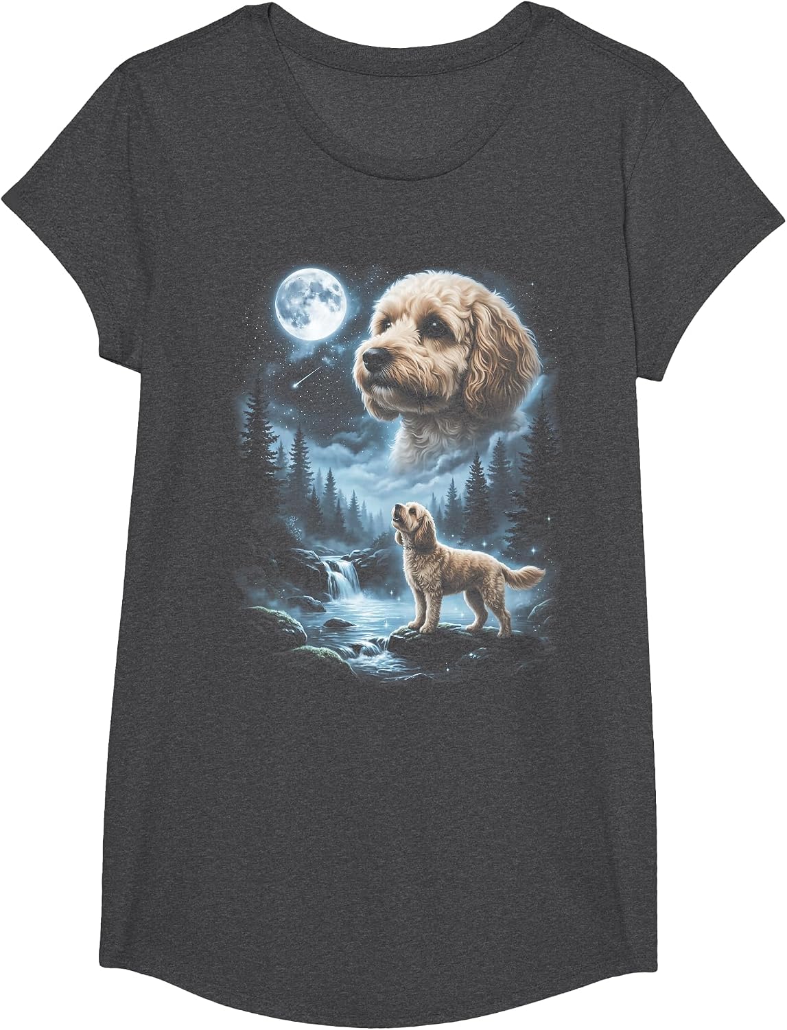 Cavapoo Howling to the Moon Retro 90's Doodle Dog T-Shirt - Girls Dark Heather Grey