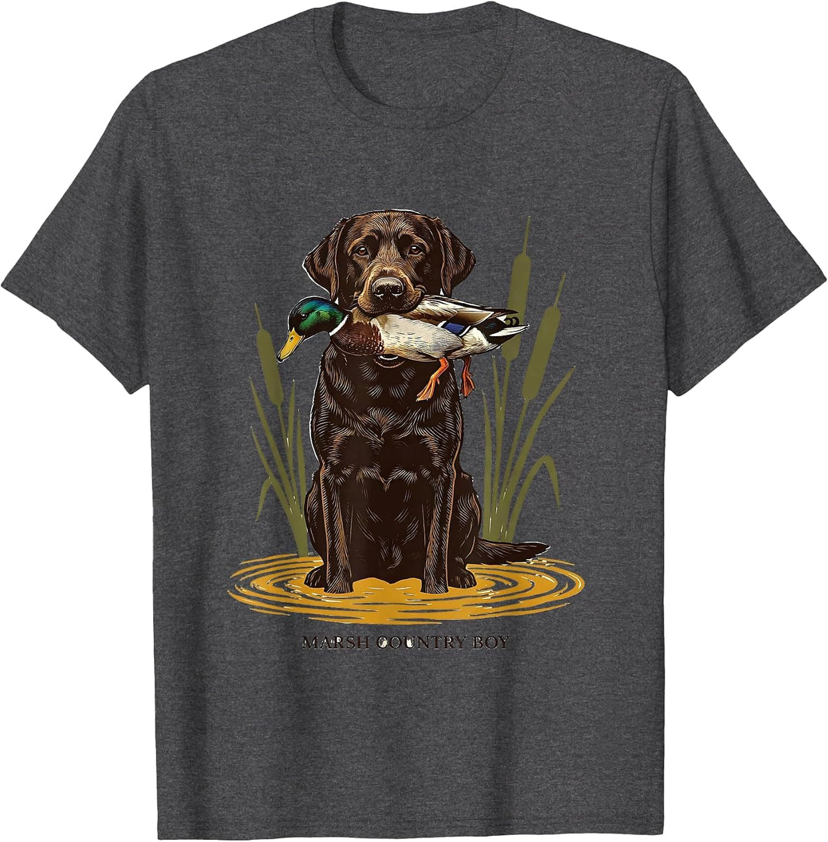 Marsh Country Boy Screenprint Poster Labrador Duck Hunting T-Shirt - Dark Heather Grey