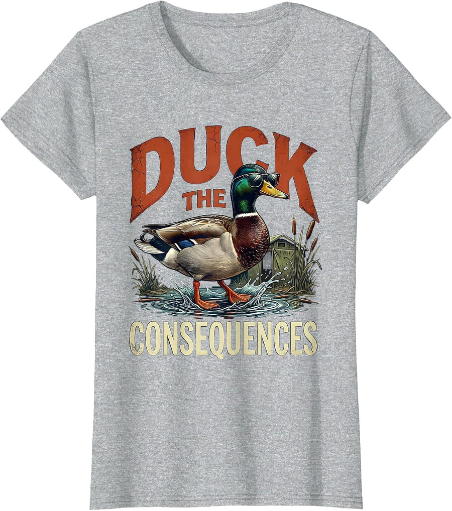 Duck The Consequences Distressed Duck Hunter Humor Gift T-Shirt - Heather Grey