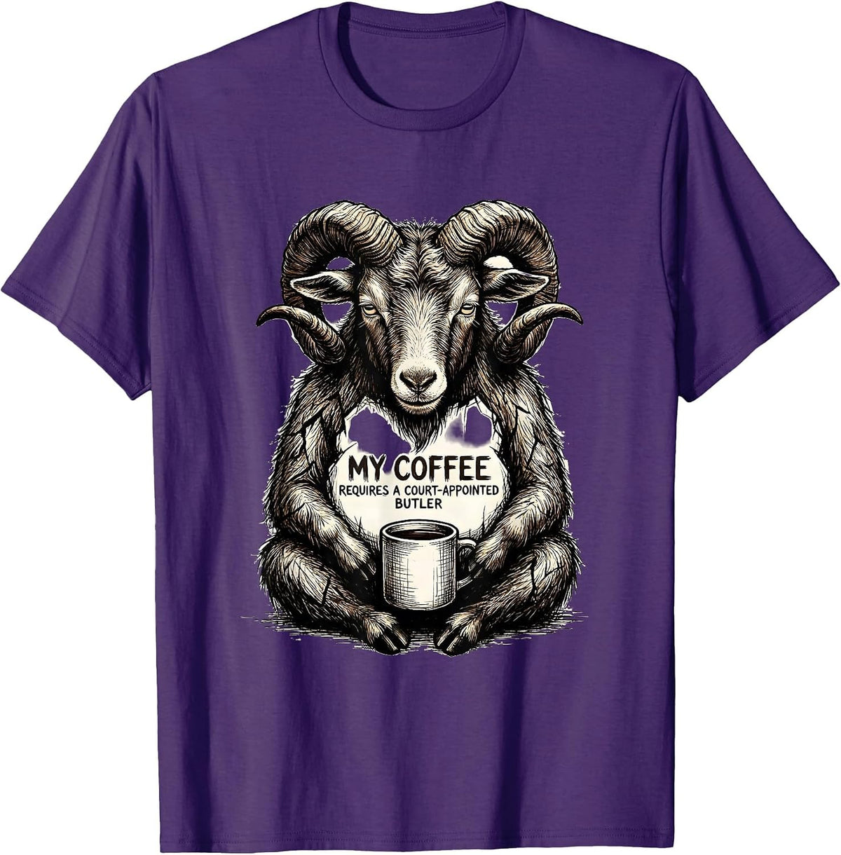 My Coffee Requires A Court-Appointed Butler Funny Coffee T-Shirt - Purple