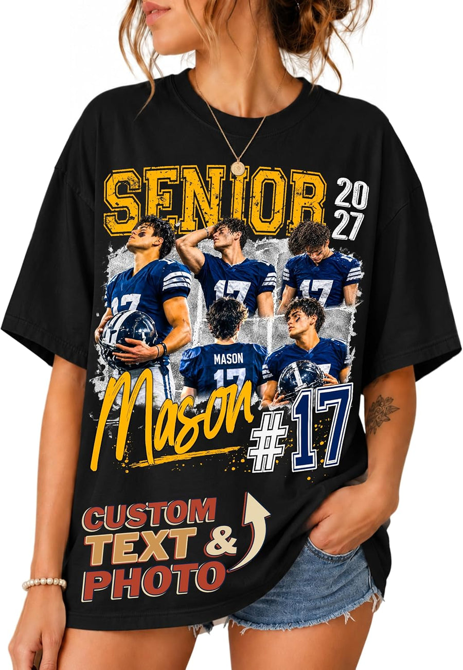 Tehg & Tuhg Custom Photo T-Shirt Name & Text, Personalized Senior Baseball Football Shirt for Mom Dad on Game Day Spirit