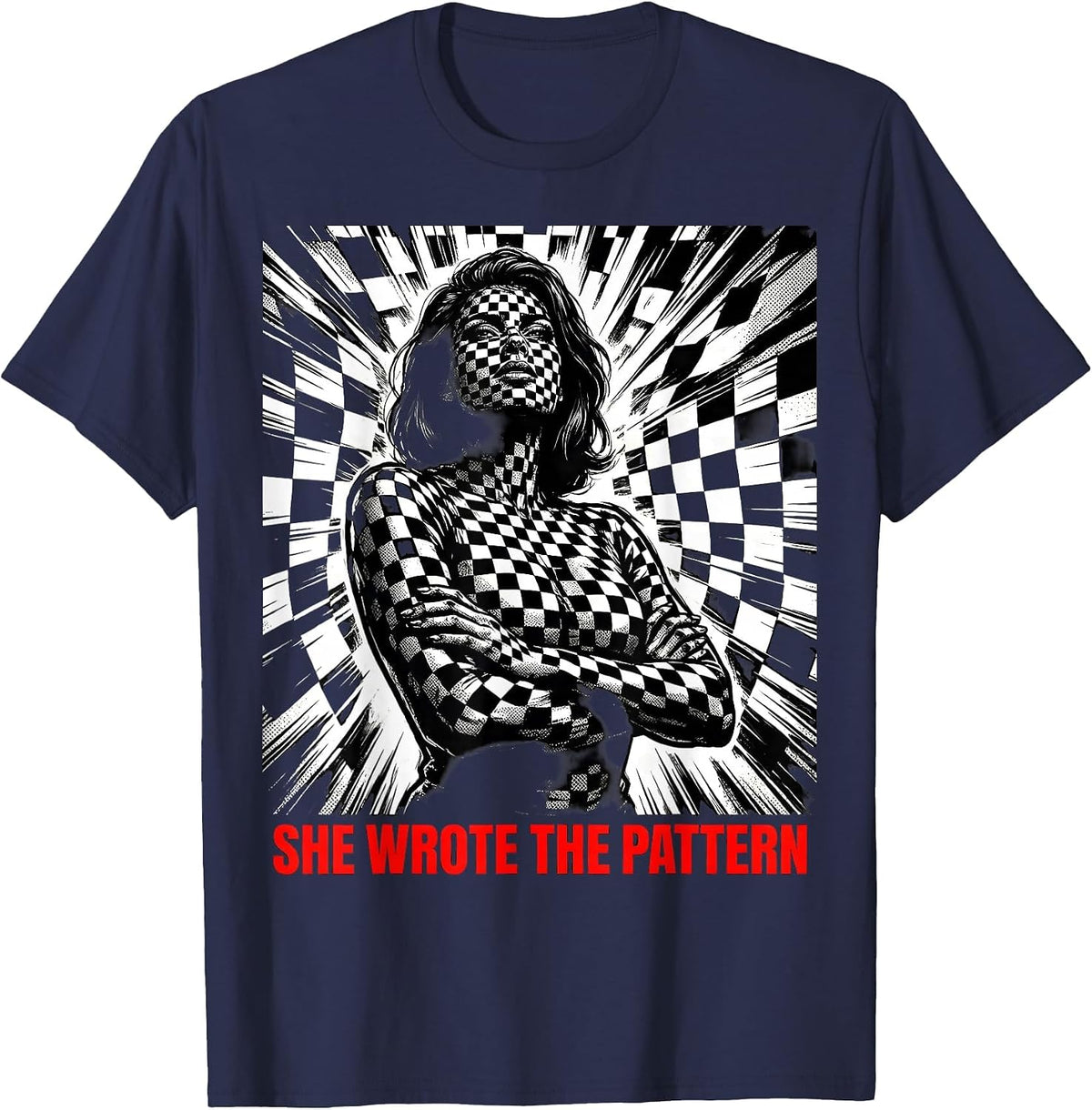 She Wrote the Pattern Checkered Design T-Shirt - Navy Blue