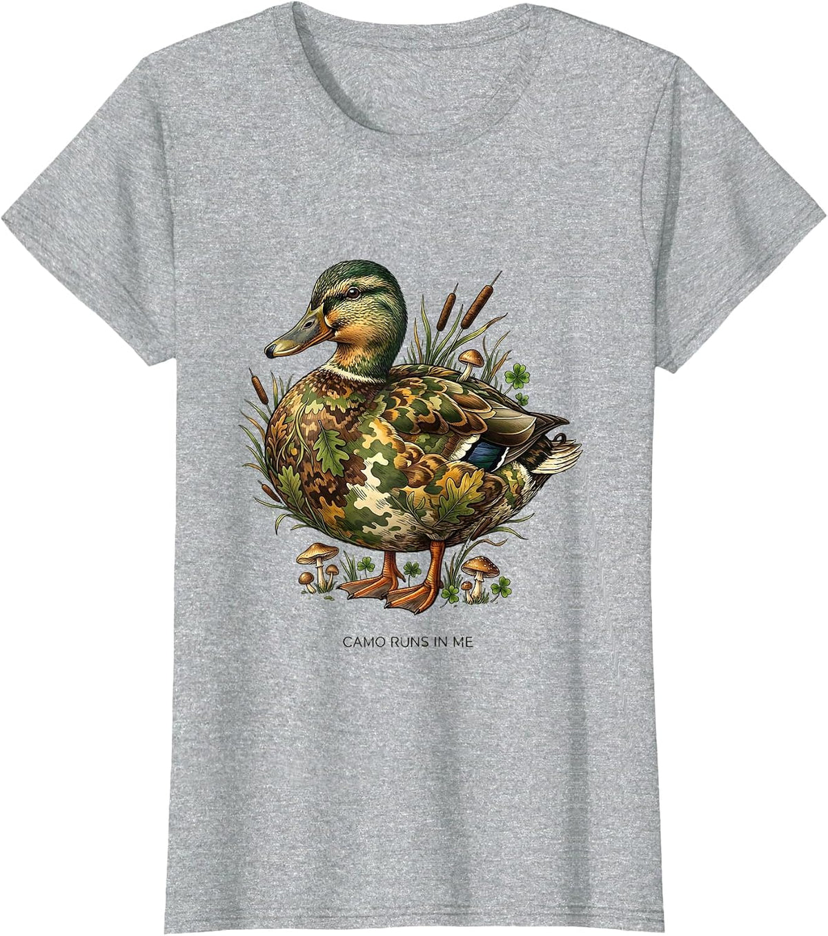 Women's Camo Runs In Me Duck Hunting Design T-Shirt - Heather Grey