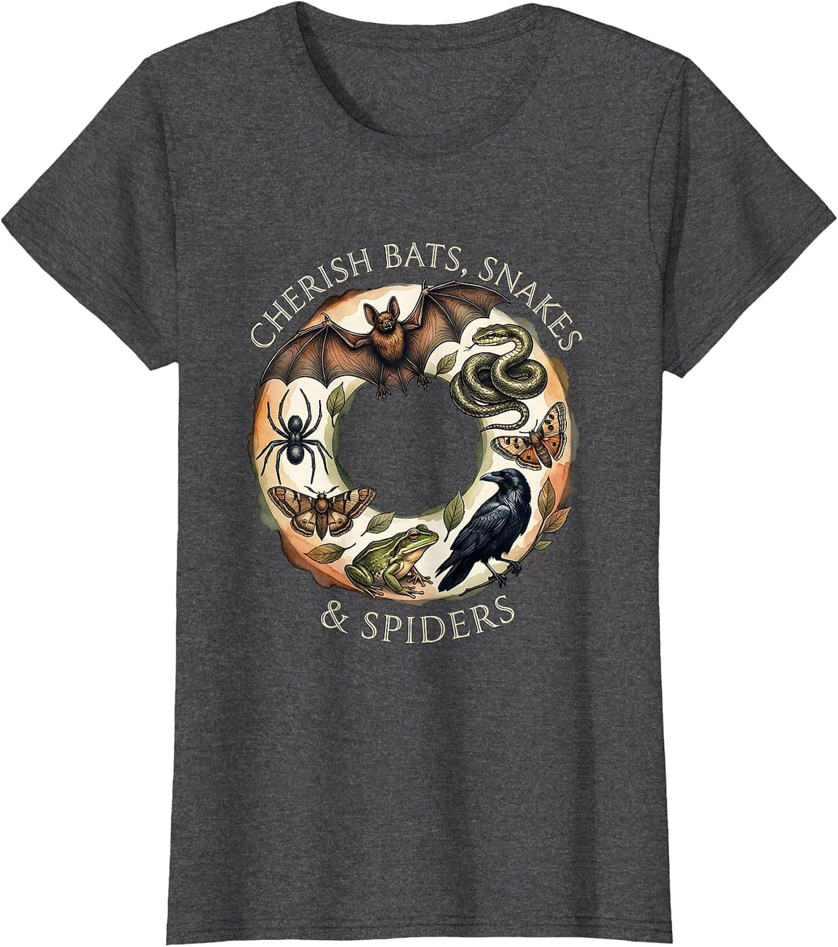 Women's Cherish Bats, Snakes & Spiders Watercolor Nature Lover Gift T-Shirt - Dark Heather Grey