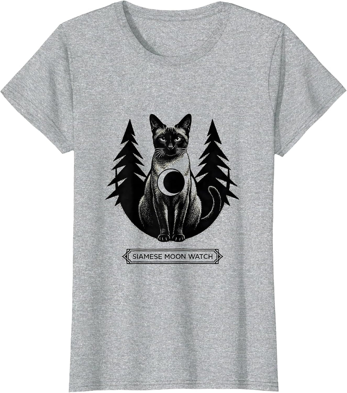 Women's Siamese Moon Watch Blackwork Dotwork 90s Retro Cat Lover T-Shirt - Heather Grey