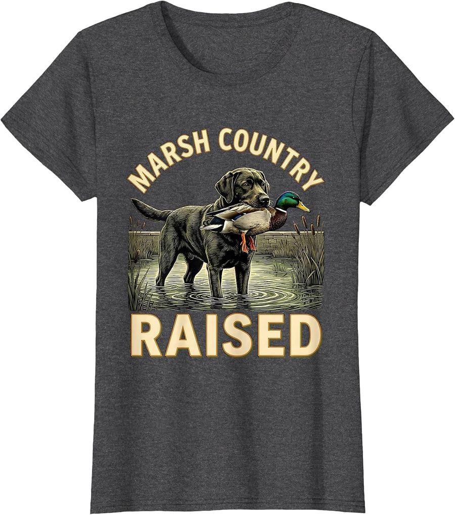 Women's Marsh Country Raised Illustration Labrador Duck Hunting T-Shirt - Dark Heather Grey