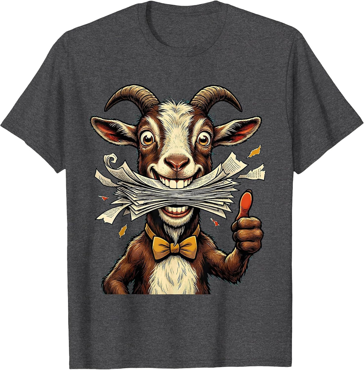 Funny Goat Eating Homework Illustration T-Shirt - Dark Heather Grey