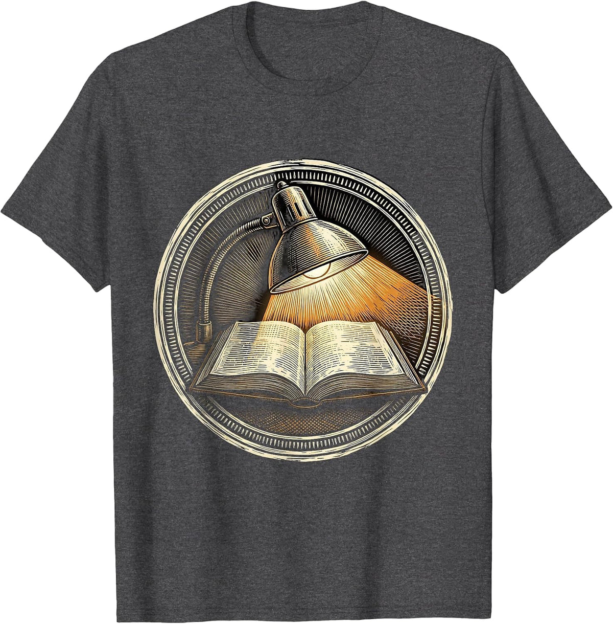 English Teacher Desk Lamp and Open Book Illustration T-Shirt - Dark Heather Grey