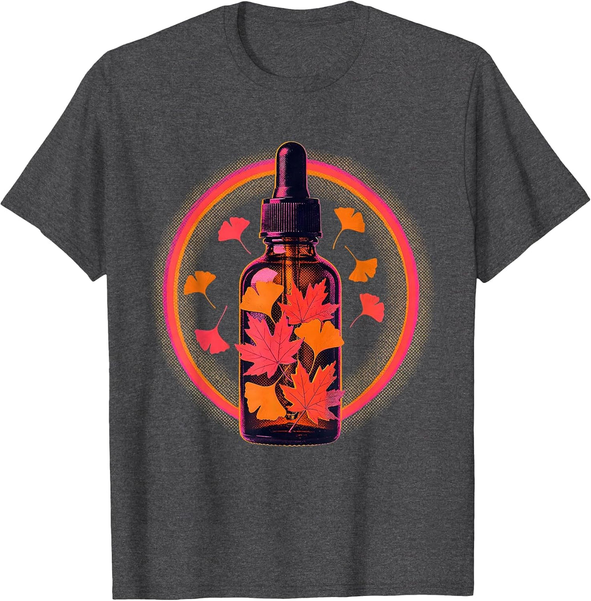 K-Beauty Skincare Serum Falling Leaves Illustration T-Shirt - Dark Heather Grey