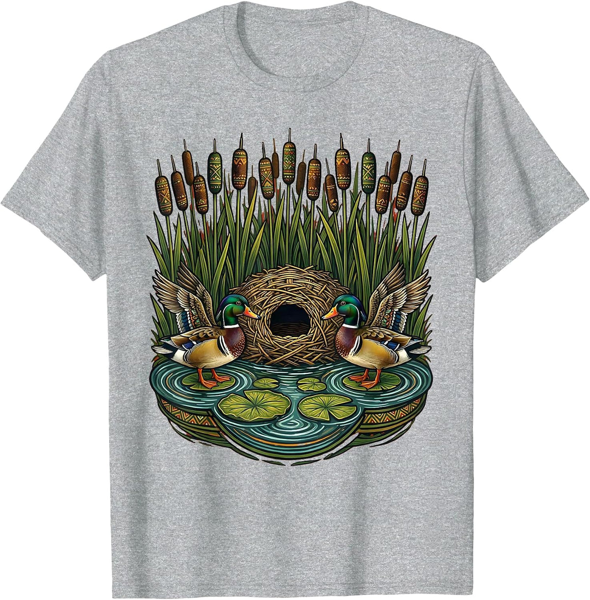 Men's Duck Blind Cattails Hidden Marsh Hunting Illustration T-Shirt - Heather Grey