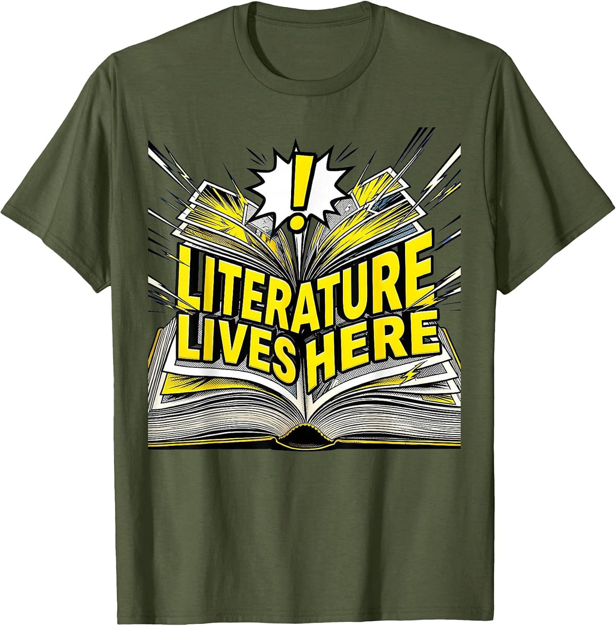 Literature Lives Here Reading Teacher Design T-Shirt - Olive Green