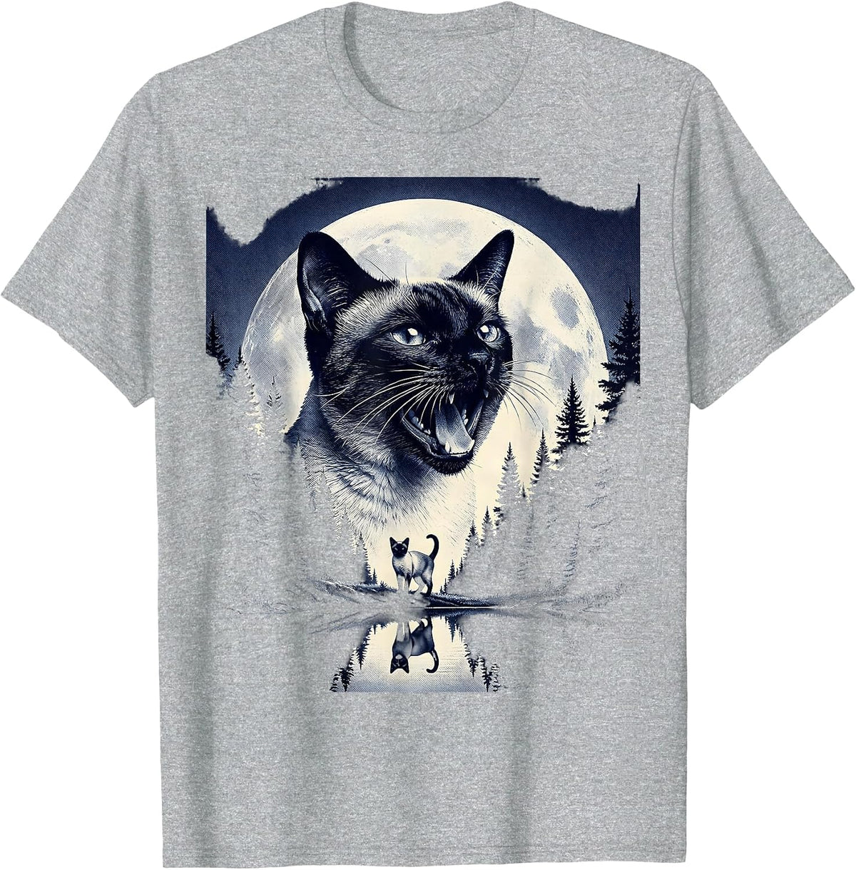 Men's Siamese Cat Howling at Moon 90's Retro Nature Art T-Shirt - Heather Grey