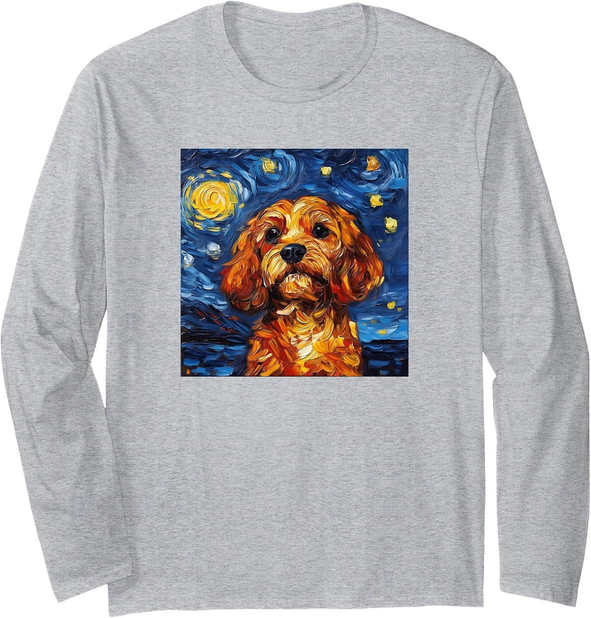 Cute Cavapoo Starry Night Dog Art Long Sleeve T-Shirt - Adult Unisex Heather Grey