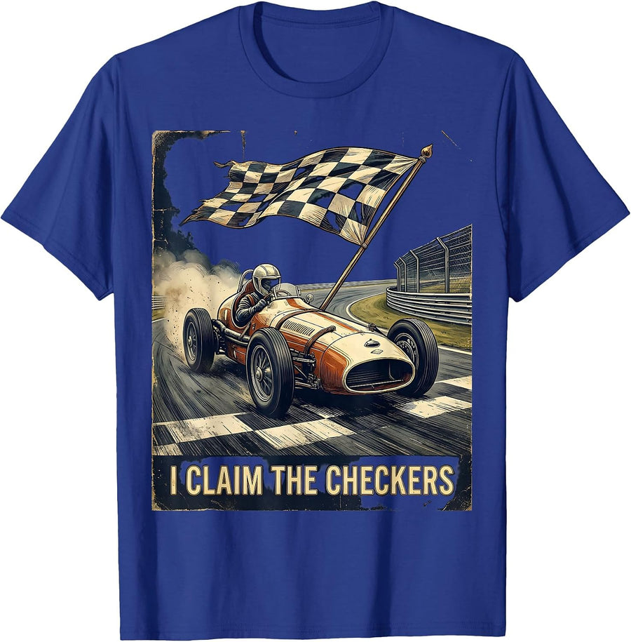 I Claim The Checkers Vintage Racer Checkered Flag Racing Fan T-Shirt - Royal Blue