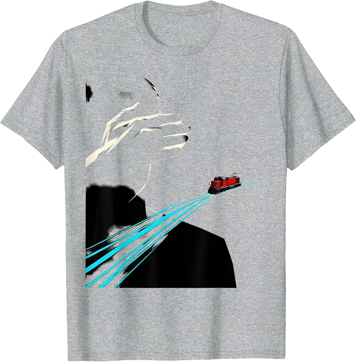 Men's Cropped Train Shading Locomotive Deadpan Humor T-Shirt - Heather Grey